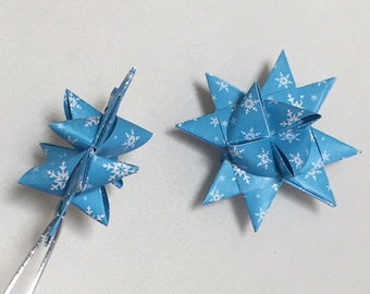 Moravian Stars (12): Snowflake Pattern, White Snowflakes on Sky Blue Background, Frozen Theme Stars Approx 2.5 inch Wide