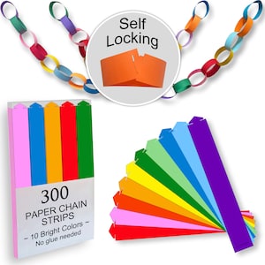300 Paper Chain Strips for Crafting. No Glue or Tape Needed. Kid Friendly & Family Fun. 10 Bright Colors, Yields 50 Feet of Paper Links