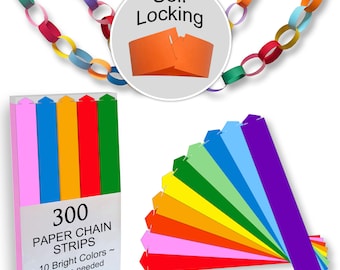 300 Paper Chain Strips for Crafting. No Glue or Tape Needed. Kid Friendly & Family Fun. 10 Bright Colors, Yields 50 Feet of Paper Links