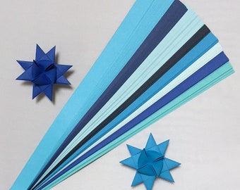 Tiras de papel em tons de azul para fazer estrelas de Froebel alemãs da Morávia - vários tamanhos (100 tiras por pacote)