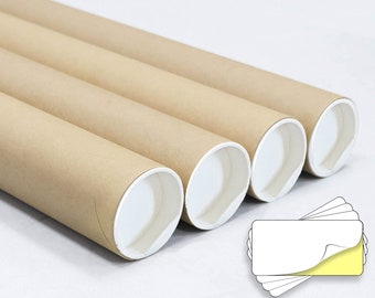 Four Round Cardboard Shipping Mailing Tubes With End Caps and Blank Address Labels. Tube Size 2'' x 15''