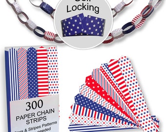 300 Paper Chain Strips for Crafting. No Glue or Tape Needed. Kid Friendly & Family Fun. 10 USA Theme Patterns, Yields 50 Feet of Paper Links
