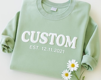 Moletom com estampa de puff personalizado - Moletom com texto em relevo 3D personalizado, presente com nome personalizado, time de futebol com estampa de puff personalizado, presente de Natal