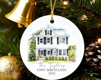 Custom Watercolor House Ornament, Personalized New Home Ornament, Christmas Ornament Gift, Housewarming