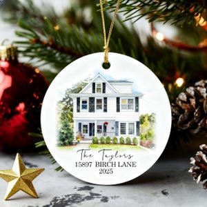 Decorazione personalizzata per la casa dipinta ad acquerello, ritratto di casa, decorazioni per la casa, decorazione natalizia personalizzata per la nuova casa, regalo fotografico di Natale