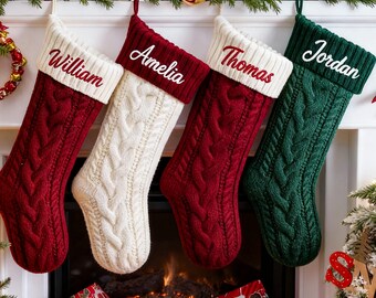 2025 Personalized Christmas Xmas Embroidered Family Name Stockings, Knit Family Christmas Stockings, Holiday Stockings Gifts