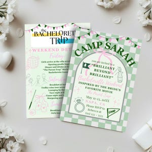 May include: Two invitation cards for a bachelorette weekend. The cards feature a light green and white checkered pattern with pink and green accents. One card says "The Bachelorette Trip" and the other says "Camp Sarah".