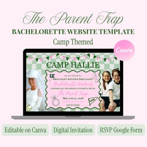 May include: A digital bachelorette website template displayed on a laptop screen featuring a green and white checkered background with pink bunting. The invitation text reads Camp Hallie, Brilliant Beyond Brilliant Bachelorette Weekend, May 11 to 13, 2028.