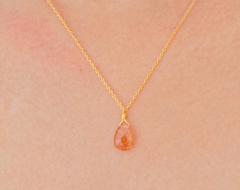 Natural Red Sunstone Faceted Teardrop Necklace • Dainty Warm Gemstone Minimal Elegant Jewelry