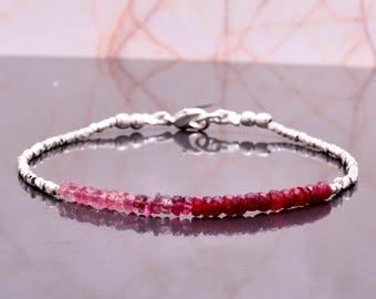 Pink Tourmaline Ruby Bracelet, Hill Tribe Silver, Minimalist Jewelry