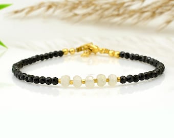 Bracciale sfaccettato con tormalina nera e pietra di luna arcobaleno • Gioielli con pietre preziose minimali e protezione naturale