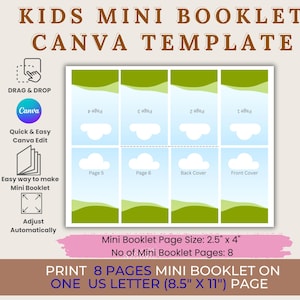 May include: A Canva template for a children's mini booklet. The design features a layout with eight pages, each with a sky and landscape illustration. The text includes "Kids Mini Booklet Canva Template," "Drag & Drop," and "Quick & Easy Canva Edit."