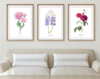 Family Birth Month Flower Editable Name Wall Art | Personalized Name 12 Floral Art | Custom Birth Flower Décor | Multiple Print Size Options