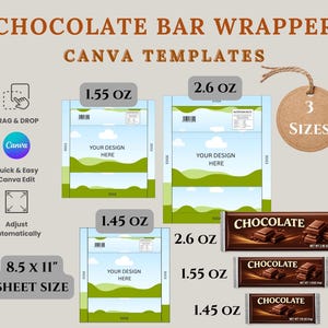Puede incluir: Gráfico que muestra plantillas de Canva para envoltorios de barras de chocolate. El diseño incluye tres tamaños: 41 g, 44 g y 74 g. Las plantillas están diseñadas para hojas de 21,59 x 27,94 cm y son editables arrastrando y soltando en Canva.