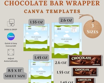 Plantilla de envoltorio para barras de chocolate de 2.6 oz, 1.55 oz y 1.45 oz, plantilla editable de maqueta de envoltorio para recuerdos de fiesta DIY, plantilla en blanco de etiqueta, portada personalizada para recuerdos de fiesta