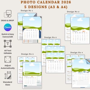 Op de afbeelding: Promotieafbeelding met vijf fotokalenderontwerpen voor 2026, in A3- en A4-formaten. Elke kalender heeft een ruimte voor een landschapsfoto en een maandelijkse kalenderindeling. De afbeelding benadrukt ook Canva-bewerkingsfuncties: slepen en neerzetten, snel bewerken, alle tekst bewerkbaar, automatisch aanpassen en standaardformaten.