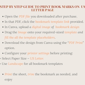 Pu&ograve; includere: Uno sfondo beige con testo marrone fornisce una guida passo passo per la stampa di segnalibri su carta US Letter. Le istruzioni includono l'apertura di un PDF, l'utilizzo di un collegamento al modello di segnalibro, il caricamento di un'immagine digitale e la stampa.