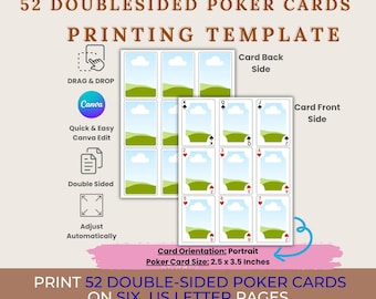 52 modèles de cartes de poker | Jeu de cartes à jouer en toile modifiable | Cartes de poker imprimables DIY | Designs numériques recto-verso personnalisables