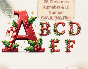Christmas Alphabet 26 Letters & 10 Numbers Clipart PNG SVG | Holiday Candy Font for Sublimation Print | Festive Doodle Transparent Alphabets