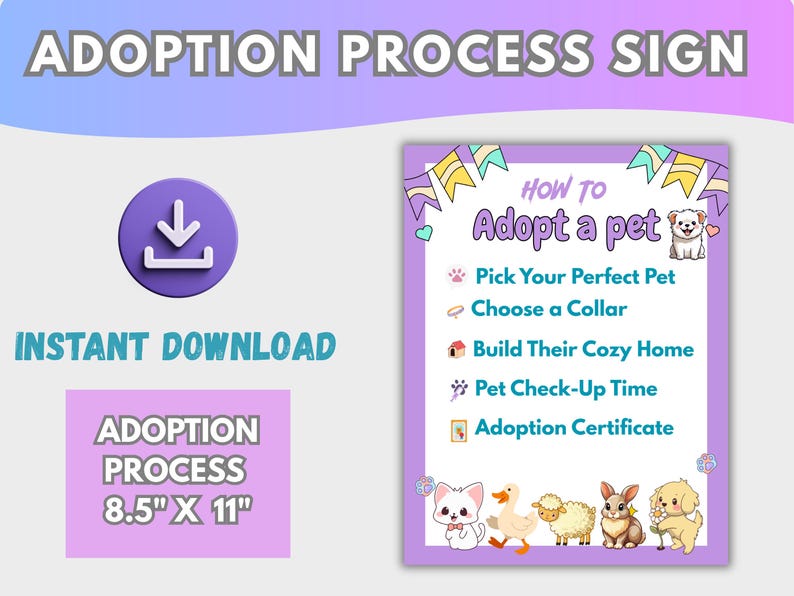 May include: A purple and white sign with the text "ADOPTION PROCESS SIGN" and "INSTANT DOWNLOAD". The sign includes the text "HOW TO Adopt a pet" with steps and illustrations of pets. The sign is 8.5" x 11".