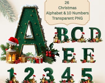 Christmas Alphabet Clipart PNG | 26 Letters & 10 Numbers | Festive Holiday Plaid Font for Sublimation Print | Transparent Doodle Alphabets