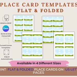 Puede incluir: Plantillas de tarjetas de mesa, planas y plegadas, con diseño de paisaje. La imagen muestra múltiples plantillas con cielo azul y colinas verdes. El texto incluye "DRAG & DROP", "Canva" y "Disponible en 4 tamaños diferentes".