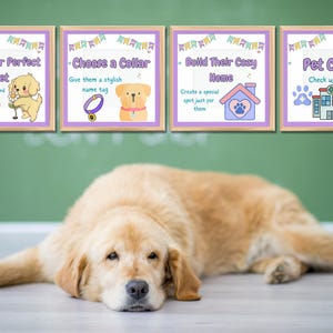 May include: A golden retriever lies on a light-colored floor beneath four framed illustrations. The illustrations, with a green background, offer pet-related advice: Pick your Perfect Pet, Choose a Collar, Build Their Cozy Home, and Pet Clinic.