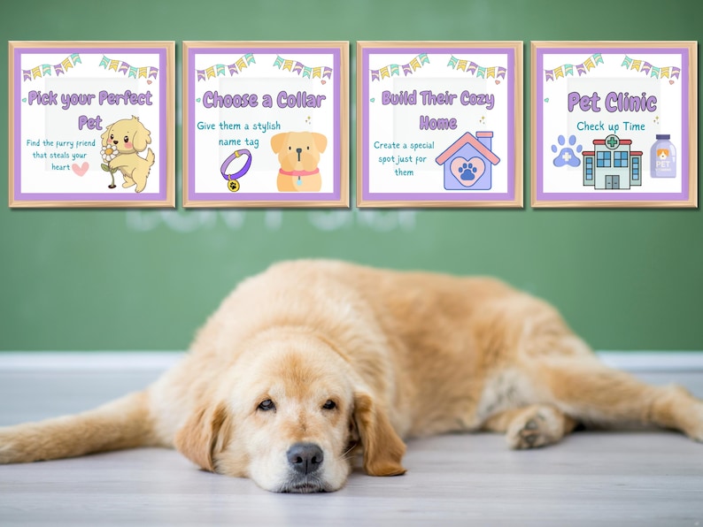 May include: A golden retriever lies on a light-colored floor beneath four framed illustrations. The illustrations, with a green background, offer pet-related advice: Pick your Perfect Pet, Choose a Collar, Build Their Cozy Home, and Pet Clinic.