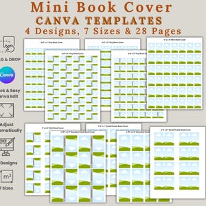May include: A promotional image for mini book cover Canva templates. The image displays several mockups of book covers with a landscape design. Text on the image reads "Mini Book Cover CANVA TEMPLATES 4 Designs, 7 Sizes & 28 Pages."