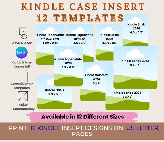 12 Kindle Insert Printing Canva Templates | Editable Kindle Fit Insert Frames | DIY Printable Kindle Cover Design Templates|Digital Download