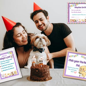 May include: A celebratory scene with a dog wearing a bow tie, a cake, and party hats. Two people are smiling. There are framed signs with text: "How to Adopt a Pet" and "Pick your Perfect Pet". Also, an "Adoption Certificate" is visible.