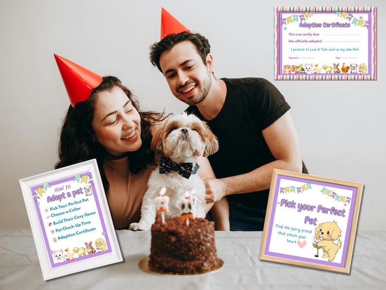 May include: A celebratory scene with a dog wearing a bow tie, a cake, and party hats. Two people are smiling. There are framed signs with text: "How to Adopt a Pet" and "Pick your Perfect Pet". Also, an "Adoption Certificate" is visible.