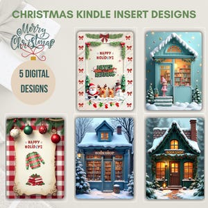 以下が含まれることがあります： クリスマスをテーマにしたKindleインサートデザイン6種類を収録したデジタルデザイン製品。デザインには、居心地の良い書店、雪に覆われた家、休日の要素のイラストが含まれています。テキストには「Merry Christmas」、「Happy Holidays」、「Never Stop Reading」が含まれています。