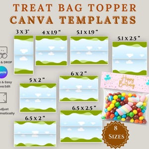Puede incluir: Gráfico con "TREAT BAG TOPPER CANVA TEMPLATES" con varios tamaños, incluyendo 7,6 x 7,6 cm, 10,2 x 4,8 cm y 13 x 6,4 cm. La imagen incluye una bolsa de caramelos con una tapa de "Happy Birthday" e instrucciones de edición de Canva.