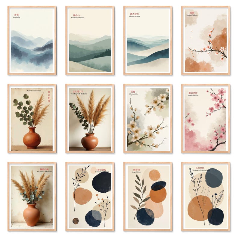 K&ouml;nnte beinhalten: Ein Set von zw&ouml;lf gerahmten Kunstdrucken mit Aquarelldarstellungen von Landschaften, Blumenarrangements und abstrakten Designs. Die Farbpalette umfasst Blau-, Gr&uuml;n-, Braun- und Rosat&ouml;ne. Jeder Druck hat japanischen Text und ist in einem hellbraunen Holzrahmen gefasst.