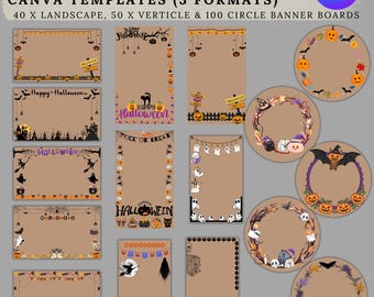 190 Halloween Banner Border Canva Templates Bundle, Landscape Vertical & Circle Designs, Halloween Social Media Posts Design, Photo Frames