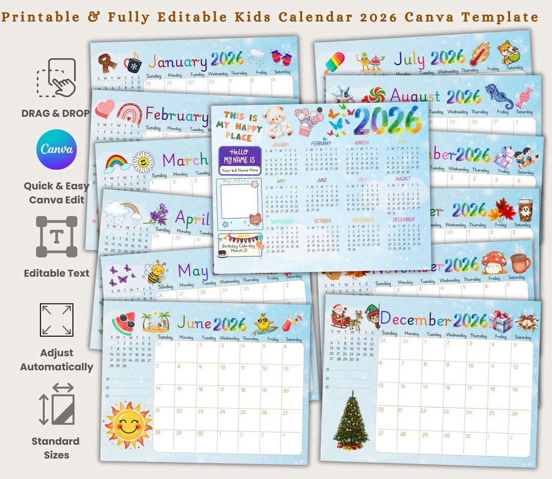 2026 Printable Kids Calendar | Editable Children Photo Calendar Canva ...