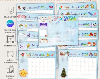 2026 Kinderkalender zum Ausdrucken | Bearbeitbarer Kinderfotokalender Canva Template | Wand & Tischkalender Homeschool DIY Monatskalender