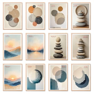 K&ouml;nnte beinhalten: Eine Sammlung von zw&ouml;lf gerahmten Kunstdrucken. Die Drucke zeigen abstrakte Designs mit Kreisen, gestapelten Steinen und Landschaftsbildern in neutralen und ged&auml;mpften T&ouml;nen. Japanischer Text ist in einigen der Drucke enthalten.
