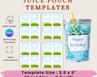 Juice Pouch Label Template | Editable Canva Drink Pouch Party Favor Kids Birthday|Juice Packet Printable DIY Custom Drink Blank Label Mockup