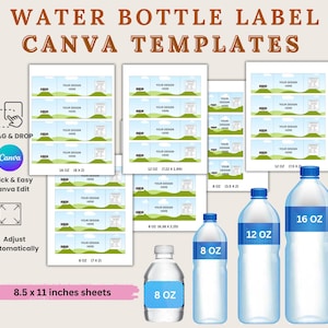 8, 12 & 16 Oz Water Bottle Label Blank Template | Custom Canva Editable Water Bottle Sticker Party Favor | DIY Water Bottle Wrapper Mockup
