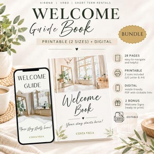 May include: A digital and printable welcome guide book bundle for Airbnb and VRBO rentals. The set includes 28 pages, two sizes (US Letter and A4), mobile-friendly PDF with clickable links, and two bonus signs. The design is editable in Canva.