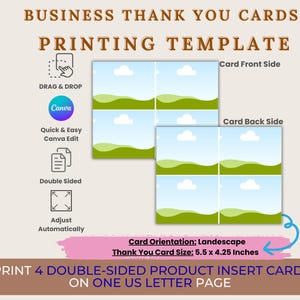 May include: A template for business thank you cards. The design includes two card layouts with a landscape orientation, each divided into four sections. The text indicates the card size is 5.5 x 4.25 inches. The template is for printing four double-sided product insert cards.
