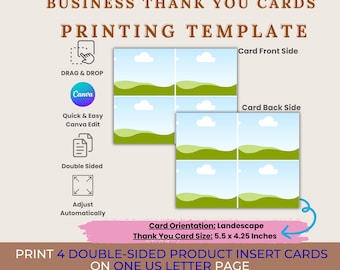 Thank You Card Printing Template | Printable Double Sided Card Canva Templates | 5.5 x 4.25 Product Insert Card Template | Drag & Drop Frame