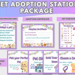 以下が含まれることがあります： ペット里親ステーションパッケージ。サイン、証明書、獣医チェックアップチャートが含まれています。サインには、子犬や子猫のイラストとともに、ペットの里親になる方法に関する指示が記載されています。紫とパステルカラーを基調としたデザインです。