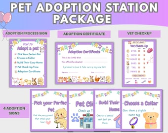 Zestaw do druku na imprezę adopcyjną dla zwierząt | Znaki na stację adopcyjną dla szczeniąt | Certyfikat adopcji zwierząt i pakiet dekoracji do natychmiastowego pobrania