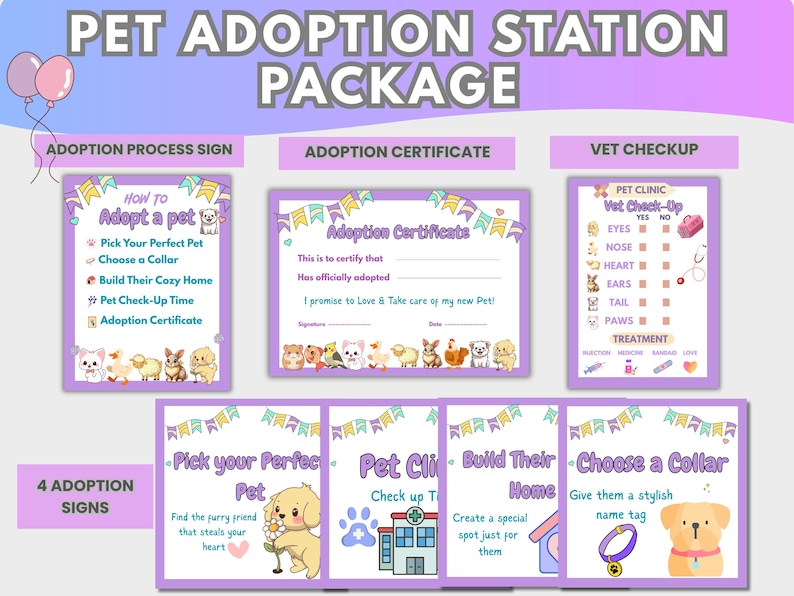 Pet Adoption Party Kit | Printable Signs, Certificate (Digital Download)