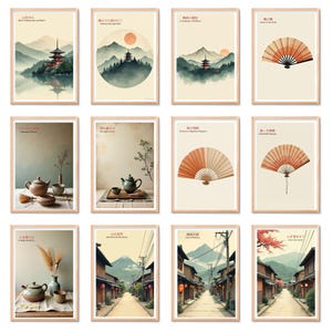 K&ouml;nnte beinhalten: Eine Sammlung gerahmter Kunstdrucke mit japanisch inspirierten Motiven. Die Drucke zeigen ruhige Berglandschaften, Pagoden, F&auml;cher und Teesets, alle in einer sanften, ged&auml;mpften Farbpalette. Jeder Druck ist in einem hellen Holzrahmen eingefasst.