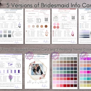 Op de afbeelding: Een verzameling bruidsmeisjes infokaarten met verschillende ontwerpen, kleurenpaletten en een bruidsmeisjes voorstelkaart. De kaarten bevatten tekst, illustraties en kleurstalen. De tekst bevat namen, data en huwelijksdetails.
