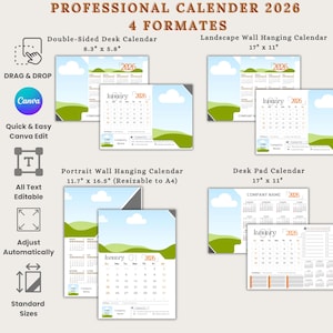 Paquete de plantillas de calendario fotográfico editables 2026 / Calendario anual completo y calendario mensual / Calendario de escritorio para oficina / Bloc de escritorio / Calendarios de pared colgantes